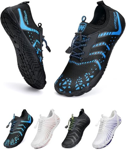 WateLves Unisex Barfußschuhe Damen Herren Wasserschuhe Badeschuhe Schnell Trocknend Weich Traillaufschuhe Fitnessschuhe mit rutschfest Sohle & Breiter Zehenbox(Schwarz Blau 38)