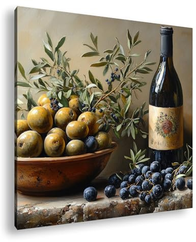 Leinwandbild Rustikale Komposition aus Oliven, Zweigen und Wein Format: 40x40 cm XXL Kunstdruck Bild auf Keilrahmen/Wandbild/Wohnzimmer Deko