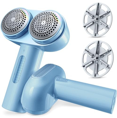 TORRAS Fabric Shaver, Lint Remover, 2000mAh Rechargeable, Dual-Head, Automatic, Stainless Steel, Sky Blue