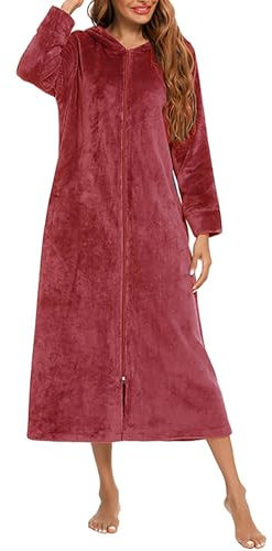 Flodxo Robe de chambre à fermeture éclair pour femme - Légère et moelleuse - En polaire - Super douce - À capuche - Longue longueur - Chaud et confortable, bordeaux, XL
