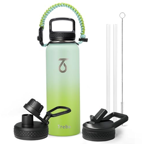 Trebo Botella de agua de 40 onzas aislada con tapa y popote, termo deportivo de acero inoxidable al vacío de doble pared con asa de paracaídas, mantiene el calor 24 horas y el frío 48 horas, jarra de