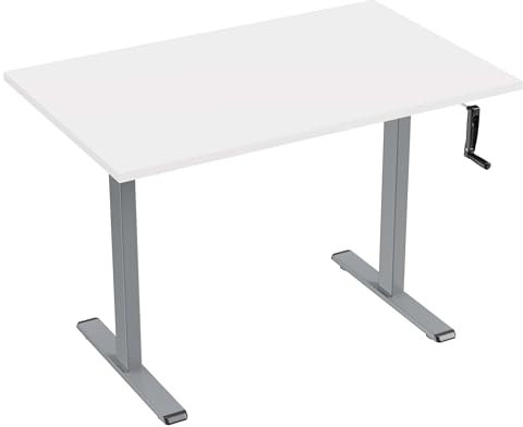 Eigentlich Höhenverstellbarer Schreibtisch manuell mit Kurbel, Steh-Sitztisch Gestell Silber, Bürotisch verstellbar von 72,5 bis 120,5 cm, Produktionstisch (Weiß, 120 x 60 cm)