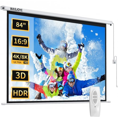 WASJOYE 84Motorized Projector Screen Electric Diagonal Automatic Projection 4:3 8K HD Movies Screen for Home Theater Cinema Office Video Game Indoor W/Remote Control and Wall/Ceiling Mount