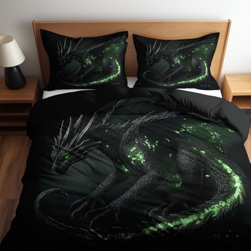Schwarz Bettwäsche-set 135 x 200 cm Bettbezug, Dark Fantasy Kunst Drache Bettbezug Kinderbettwäsche - Leichtgewichtig Bedruckte Bettbezug-set mit Reißverschluss Teenager Mädchen Weich Bettwäsche