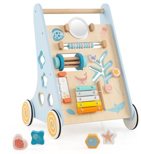 LIFEZEAL Lauflernwagen Holz, Lauflernhilfe Kinder mit 4 Rädern | Gehhilfe mit Stauraum, Multifunktionales Aktivitätszentrum mit Spiegel, Baby Walker für Jungen & Mädchen
