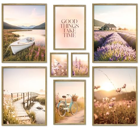 ARTFAVES® Poster Set - VINTAGE LAKE SUMMER - mehrteilige Wanddeko Wohnzimmer & Schlafzimmer - 8 moderne Wandbilder sommer, sonnenuntergang, landschaft, natur, provence - mit Rahmen Eiche-Optik