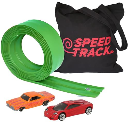 Speed Track 5m Green Flexible Toy Car Track with 2 Diecast Cars and Storage Bag - Indoor & Outdoor Flexible Car Race Track for Loops, Jumps, Ramps with Suction Cups for Windows, Doors