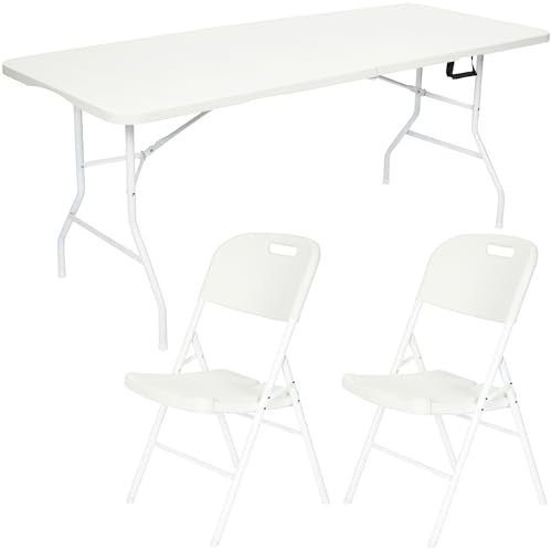 Nyxi 3-Piece Folding Set – 6ft White Folding Table with 2 Premium Folding Chairs – Waterproof, Heavy-Duty & Portable – Ideal for Garden Parties, Catering, Camping, Exhibitions & Indoor/Outdoor Events