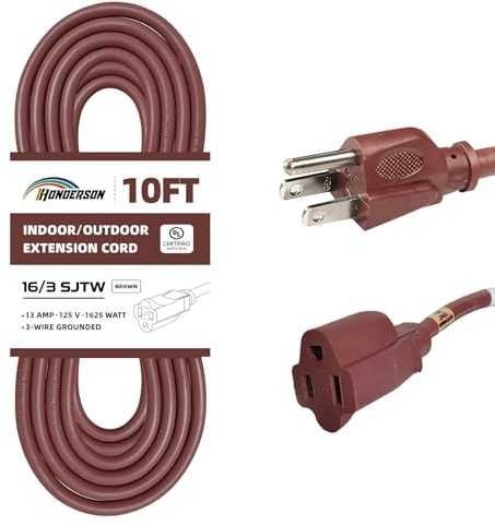 HONDERSON 10FT Brown Outdoor Extension Cord-16/3 SJTW Durable Extension Cord for Christmas Lights with 3 Prong Grounded Plug, Great for Outside Christmas Decorations