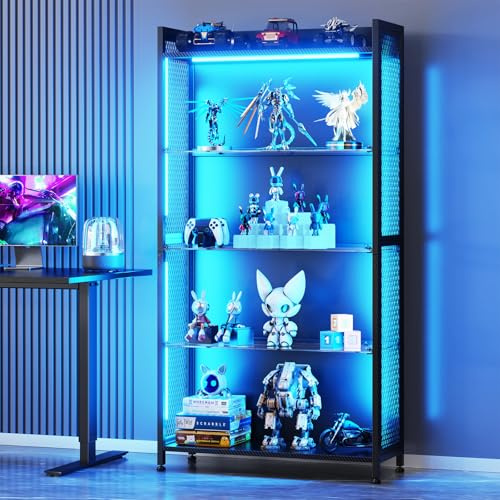 AODK Display Case with LED Lights, Display Cabinet with Glass Storage Shelves and Industrial Metal Mesh, 4-Tier Display Shelf for Collectibles, Curio Cabinet with Open Shelf, Black Book Shelf