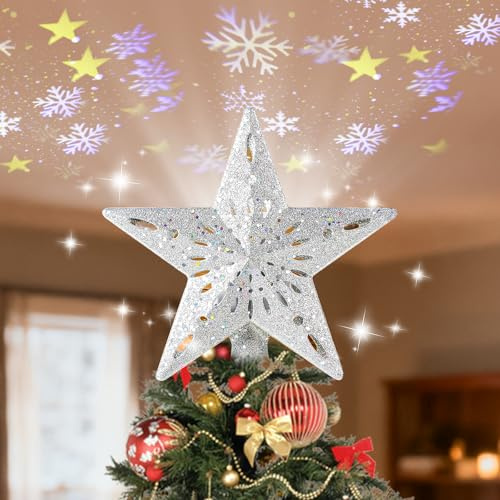 Weihnachtsbaumspitze Stern Silver, Diealles Shine Weihnachtsbaum Topper mit Dynamischer LED-Schneeprojektor, Glitzernde Christbaumspitze Stern, Beleuchteter Sterns für Christbaumschmuck (24 x 26 cm)