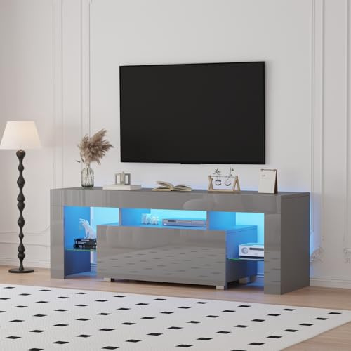 QIHANG-UK TV Cabinet, TV Unit Stand with LED Lights, Modern High Gloss TV Table Stand, Living Room Entertainment Center with 1 Drawer for 32-65 inch, 130cm Media Center with Storage (Grey)
