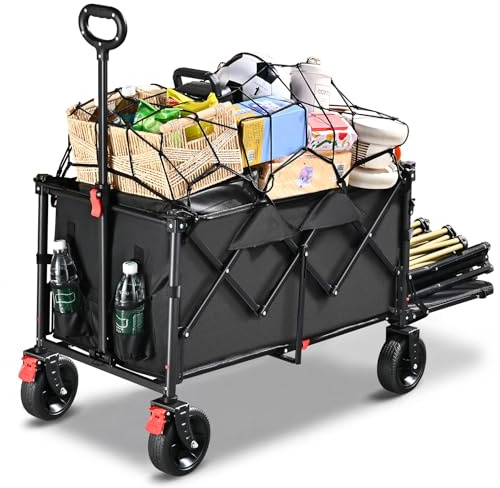 YEAUPE PRO Carrello Spiaggia, Carrello Pieghevole con Ruote 160-240L | Doppi freni ant., ruote grandi, manico regolabile, retro apribile, portata 200kg, outdoor, pesca e campeggio, Nero