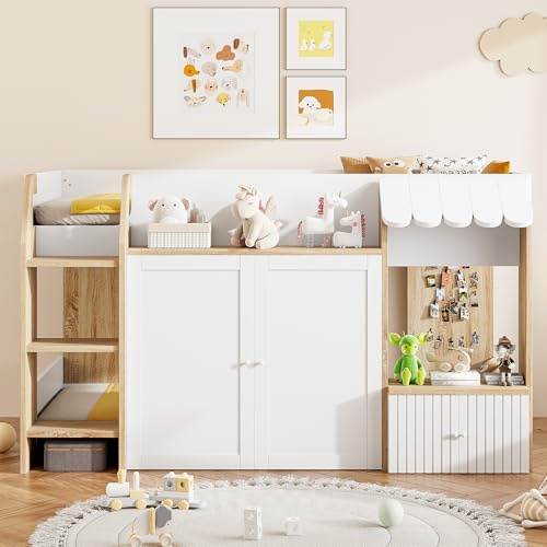 Kebnor Kinderbett Hausbett 90x200,mit offenem Stauraum, mit Kletterleiter, Halbhohes Kinderhochbett,Massivholz-Kinderetagenbett ohne Matratze (Holzfarbe+Weiß)