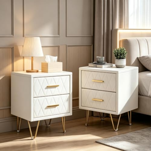2 Nachttische mit 2 Schubladen, gepolsterter Nachttisch mit Füßen und Griffen aus vergoldetem Metall, moderne Beistelltische, 2-teiliges Nachttisch-Set (Beige-2PU, 41 x 35 x 51)
