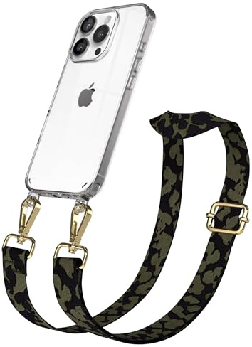 EAZY CASE Handykette - Verstellbares Taschenband kompatibel mit iPhone 16 Pro, Schulterriemen, Handykordel mit Silikon Hülle, Umhängetasche, Dunkelgrün Camouflage Gold