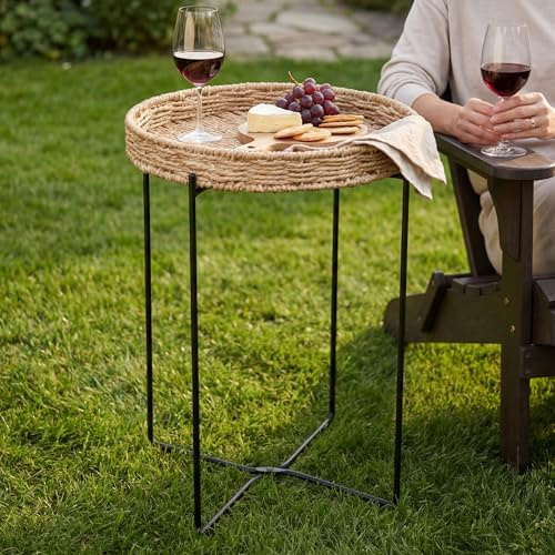Mai & Mai Beistelltisch rund Ø37×H55 cm, Couchtisch klein Schwarz | Balkontisch mit abnehmbarem Tablett aus Papierkordel, Sofatisch für Wohnzimmer, Schlafzimmer und Balkon, Reglo-08