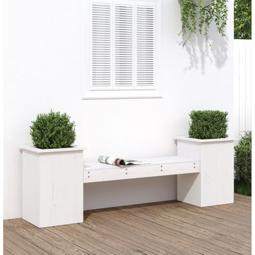 RCODSSK Banc de jardin avec pots de fleurs - Blanc - 184,5 x 39,5 x 56,5 cm - En bois de pin - Design 2 en 1 avec 2 pots de fleurs - Banc en bois massif pour terrasse et jardin - Charge maximale : 110