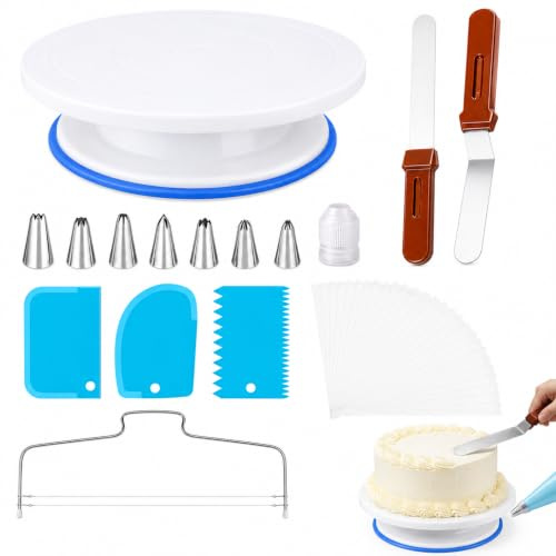 35pcs Cake Decorating Kit Turntable Tips Bags Scrapers Stand Blue | Rotating Turntable Non-Slip Stand with Icing Tips Piping Bags and Scrapers for Professional Baking and Home Cake Decorating