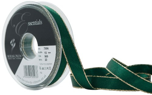 Berisfords 15 mm Gold Edge Satin Ribbon, Forest