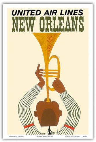 Pacifica Island Art New Orleans - Jazz-Trompeter - United Air Lines - Vintage Retro Fluggesellschaft Reise Plakat Poster c.1960s - Kunstdruck - 31cm x 46cm