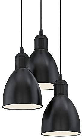 EGLO Pendellampe Priddy, 3 flammige Vintage Pendelleuchte im Industrial Design, Retro Hängelampe aus Stahl, Farbe: Schwarz, weiß, Fassung: E27