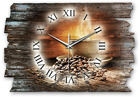 Kreative Feder Designer Wanduhr „Kaffee“ aus Holz 40x27cm im Shabby Style Design - Designeruhr mit flüsterleisem Uhrwerk ohne Ticken (Kaffee II, leises Funkuhrwerk)