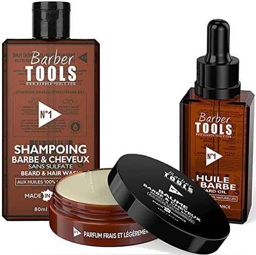 Kit cosmétique pour barbe - Huile à barbe 30ml + Baume à barbe - 30ml + Shampoing pour barbe 80ml | Pour l'entretien et le soin de barbe - FABRIQUE EN FRANCE ✮ BARBER TOOLS ✮