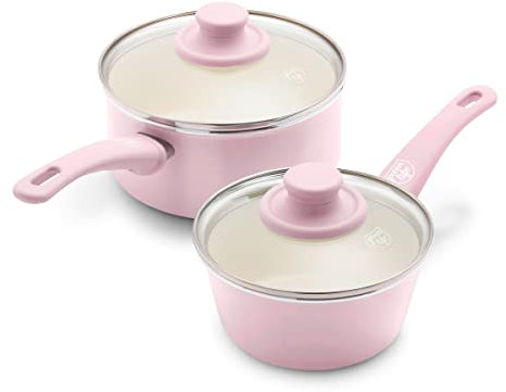 GreenLife Soft Grip Healthy Ceramic Nonstick, 1QT and 2QT Saucepan Pot Set with Lids, PFAS-Free, Dishwasher Safe, Soft Pink