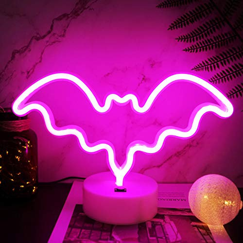 YIVIYAR Bat Neon Light Bats Decor, USB/Battery Powered Halloween Decoration Neon Sign Halloween Light Neon Lights with Pedestal Dorm Decor Bat Lights Pink Neon Sign Pink Neon Lights for Kids Gift(Bat)