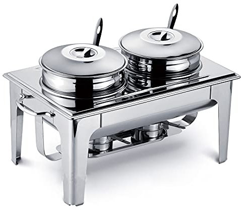 Full Size Soup Server Food Warmer Steam Table, Stainless Steel Chafing Dish Buffet Set with 2 Soup Pots, Lids and Ladles for Catering and Restaurants(9L)