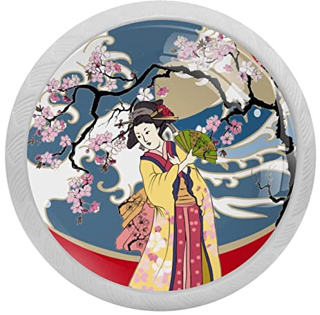 Traditionelle japanische Welle für Frauen in Kimono mit Kirschbaum-Kristallglas Schubladenknopf, ergonomisch, 30 mm, rund, leuchtender Möbelgriff, für Küche, Kommode, Schrank, Kleiderschrank