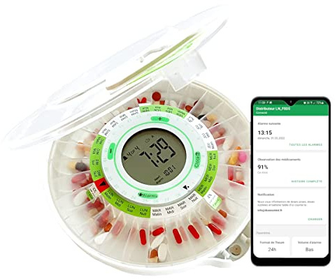 Domicile Démence Pilulier pour les aidants familiaux avec surveillance | Pilulier automatique avec notifications via Bluetooth et smartphone Android, verrouillable, grande capacité, 9 alarmes / jour