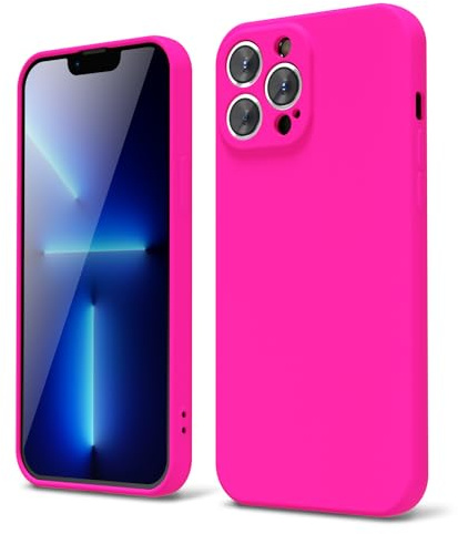 oakxco for iPhone 13 Pro Max Phone Case Liquid Silicone, Fluorescent Bright Solid Color, Cute Thin Slim Soft Rubber TPU Plain Smooth Gel Matte Protective Cover for Women Girl, Fuchsia Hot Pink