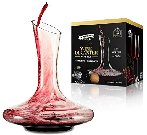 Le Portteus Decantador de vino con tapón y cuentas de limpieza, vidrio soplado a mano, jarra de vino y aireador, regalo perfecto para los amantes del vino y recién casados