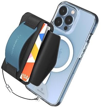 Sinjimoru Rutschfester Magnetischer Handy Kartenhalter mit Fingergriff, Kreditkartenetui kompatibel mit MagSafe Wallet Magnetic Card Holder Wallet für iPhone 16 15 14 13 12 Reihe. M-BGrip Blau