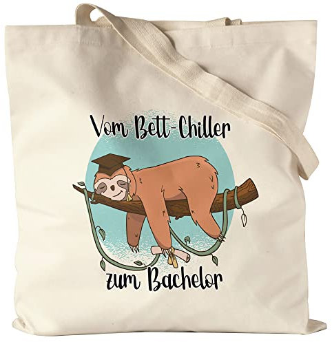 Hey!Print Vom Bett-Chiller zum Bachelor Jutebeutel Stoffbeutel Canvas Faultier Abschluss Geschenk Uni Hochschule Studium