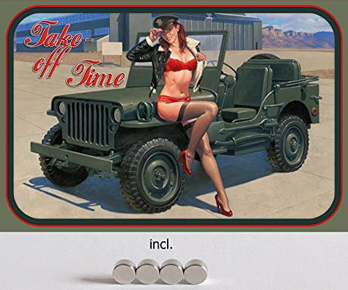 DekoDrom® Motiv Blechschild 20x30 cm mit 4 Magnete Pin up Girl mit Militär Geländewagen Auto Dekoration Bar Kneipe Sammler