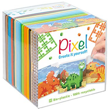 Pixel P29024 - Bastelset Dinosaurier, Stecksystem als kreatives Hobby für Kinder ab 6 Jahre, Würfelbox mit Motivvorlagen und Pixelquadraten