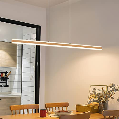 Bellastein dimmbare Esstischlampe aus Holz LED Pendelleuchte Moderne Hängeleuchte mit Fernbedienung Pendellampe höhenverstellbar Kronleuchter Lampe für Wohnzimmer Esszimmer Küche Leuchte (A)