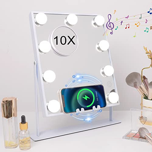Hansong Hollywood Vanity Mirror with Music Bluetooth and Wireless Charger with 9 Bulbs Lighted Makeup Mirror with Phone Holder, White