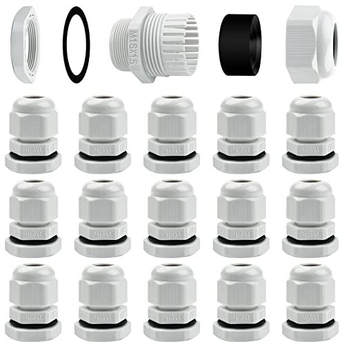 15 Pack Cable Glands M16, Hanibos IP68 Waterproof Cable Glands Nylon Compression Glands Connectors with Locknut and Washer Suitable for 4-8mm Cables White