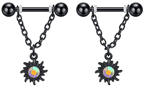 Longbeauty 14G Brustwarzenpiercing Brustpiercing Nippel Ringe Barbell Intim-Piercing mit Anhänger Edelstahl CZ Körperschmuck, 1 Paar, Sonne, Schwarz