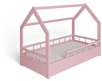 MS FACTORY Letto Casetta in Massello 80x160cm con Telaio a Doghe - Letto per Bambini Singolo con Sponda Anticaduta - Stile Scandinavo Nordico Montessori - Mezze Barriere Rosa