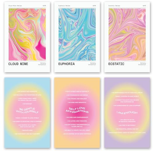 Throwback Traits Y2K Euphoria Wandkunst-Set, 28 x 43 cm, groovige Pastell-Affirmations-Poster, hochwertiges 300 g/m²-Papier, stimmungsverbessernde Dekoration, 6 Stück, ungerahmt
