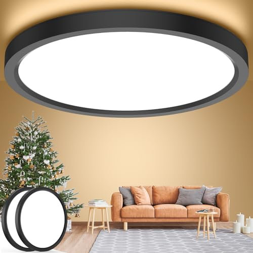 kazazoo [2 Stücke] Deckenlampe LED Deckenleuchte 18W, 4000K, IP44 Wasserfest Badezimmer Lampe, Ultra Dünn Ø23cm LED Panel, Schwarz Rund Flurlampe Ideal für Bad/Flur/Schlafzimmer/Keller/Balkon