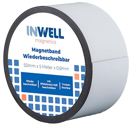 Inwell - Magnetband 50 mm mit Whiteboard-Beschichtung | Länge 5 meter | Magnetbänder mit weißer Oberfläche | Für einem Whiteboard-Marker | Magneten beschriftbar