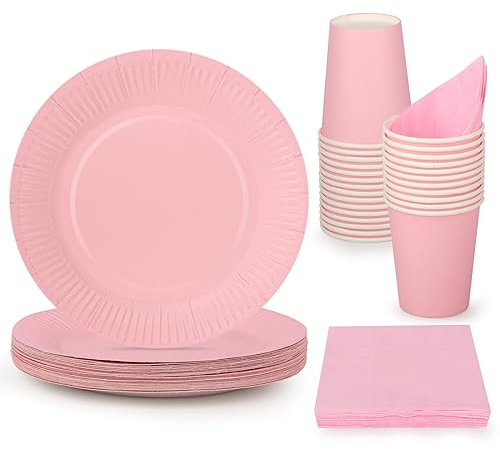 Fowecelt Pink Party Tableware - 90pcs Paper Plates and Cups Set, Disposable Dinnerware for Birthday Decoration