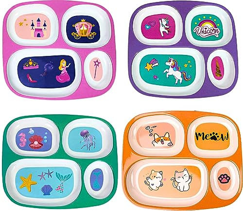 4E's Novelty 4 Melamine Dinner Plate for Kids Girls, Plastic Mealtime Divided Plates, Dinnerware Dishes Set for Toddlers Picky Eaters, BPA Free Dishwasher Safe, Princess, Unicorn, Sea Life, Cat Theme