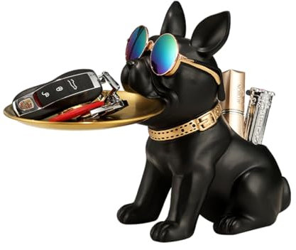 Kityemo Bandeja de Almacenamiento Bulldog en Resina: Elegante Estatua y Organizador de Escritorio para Decorar tu Hogar y Oficina (Negro)